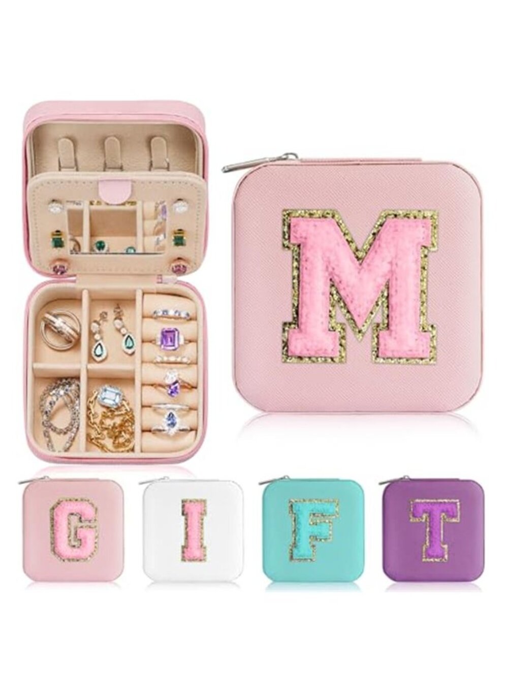 Personalized Travel Jewelry Case Leather Organizer Box Mirror Monogram Pink
